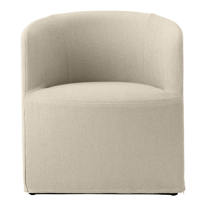 Beige upholstered accent chair with a textured, woven pattern, perfect for adding warmth to any room.