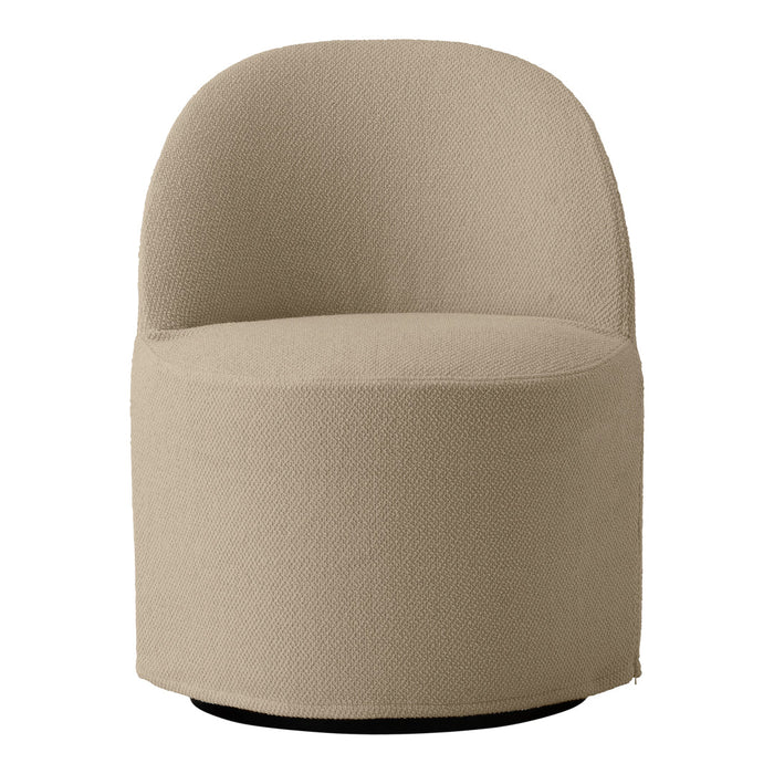 Beige round accent chair with a textured fabric pattern, perfect for modern interior decor.