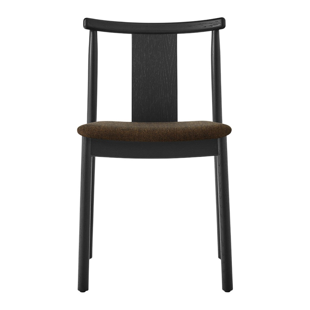 Black wooden chair with a textured black backrest and a rich brown upholstered seat. Modern, minimalist design.