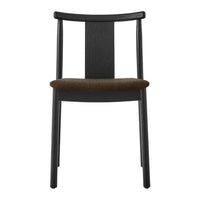 Black wooden chair with a textured black backrest and a rich brown upholstered seat. Modern, minimalist design.