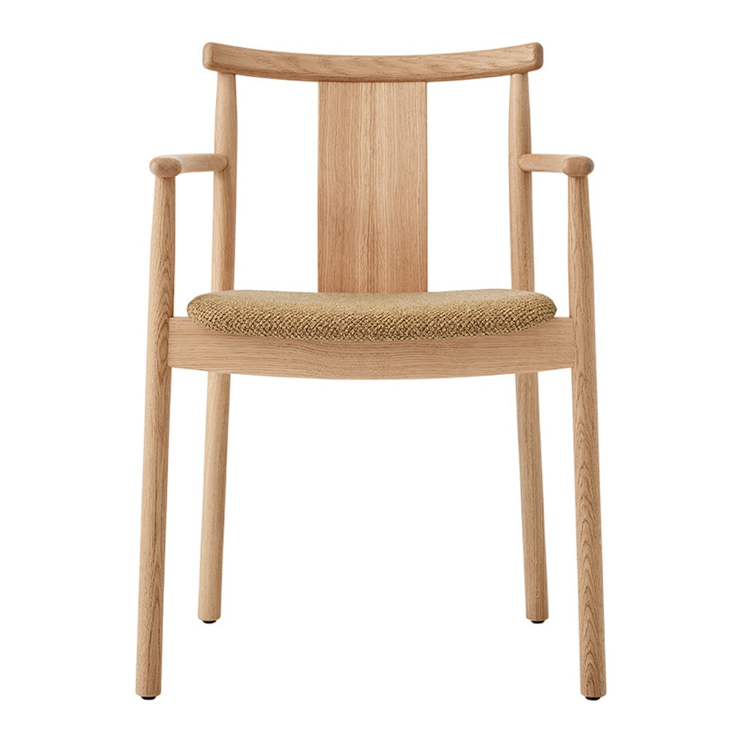 Natural wood chair with a light oak finish and a textured tan woven seat. Simple, modern design with clean lines.