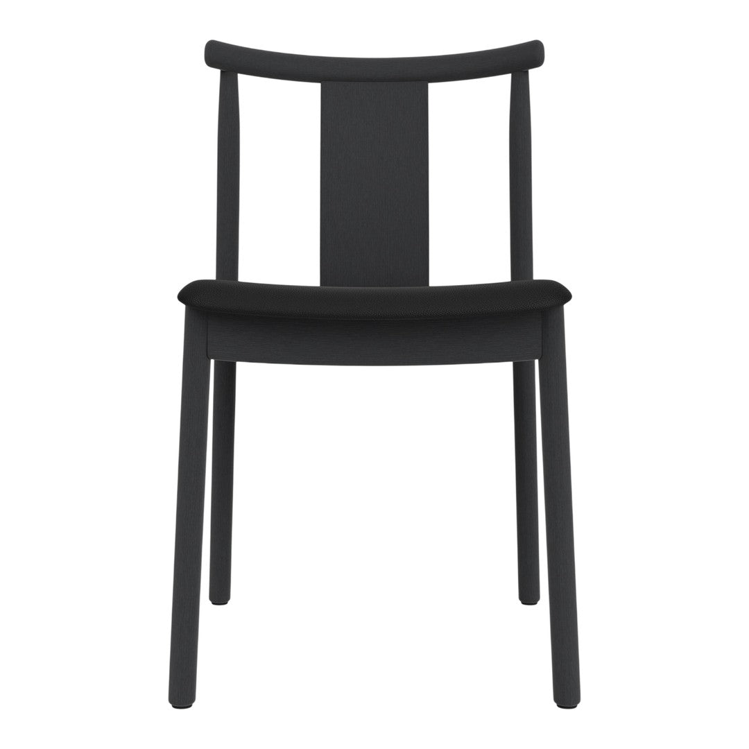 Black chair with a minimalist design featuring a solid color and smooth finish. Simple, modern aesthetic.