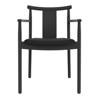 Black chair with minimalist design, featuring a solid black seat and backrest with simple armrests.