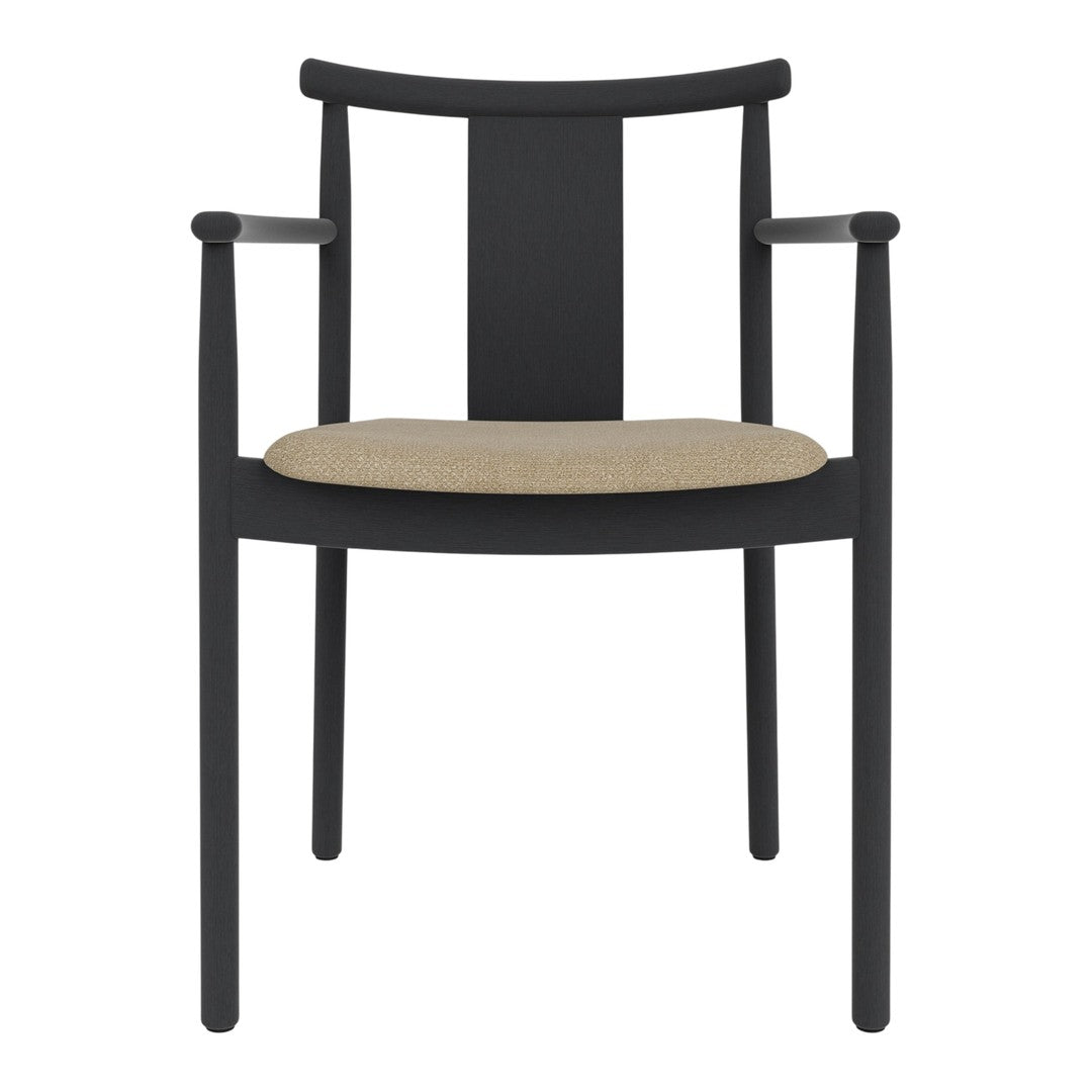 Black wooden chair with a sleek design and a natural beige seat cushion. Elegant, minimalist aesthetic.