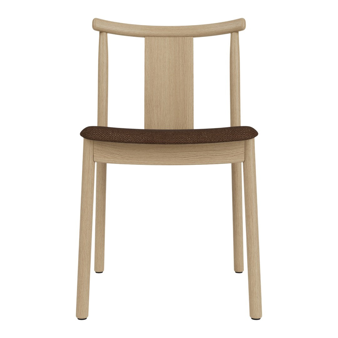 Light wooden chair with a natural finish and a dark brown upholstered seat. Simple, modern design with no patterns.