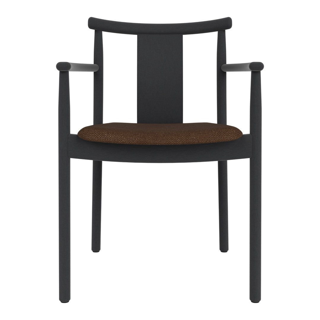 Black wooden chair with a minimalist design and a rich brown cushion, perfect for modern interiors.