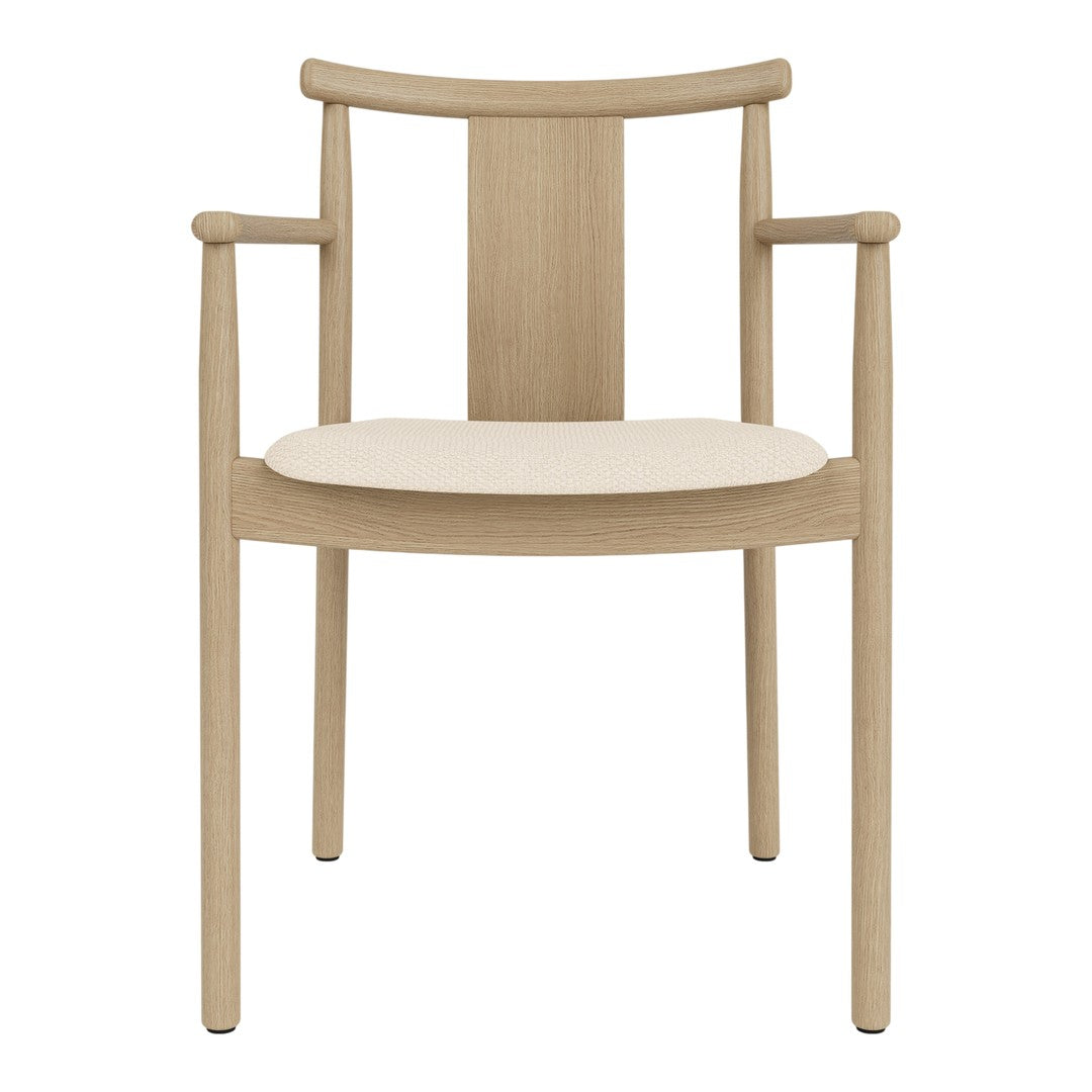 Light oak armchair with a cream seat, featuring a sleek, minimalist design and smooth, natural wood grain.