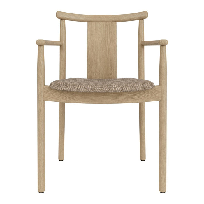 Light wood chair with a beige fabric seat, featuring a simple and modern design with clean lines.