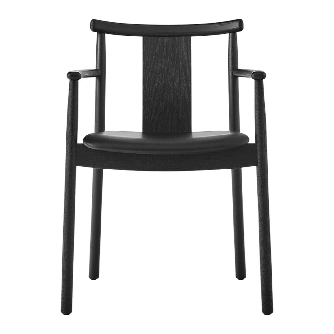 Black wooden chair with a sleek design and minimalistic pattern, featuring a solid seat and backrest.