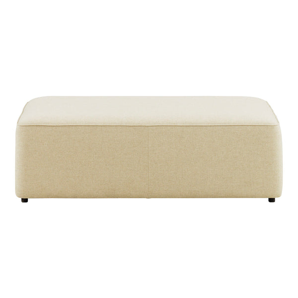 Beige upholstered ottoman with a smooth, cream top, featuring a minimalist design and no visible patterns.