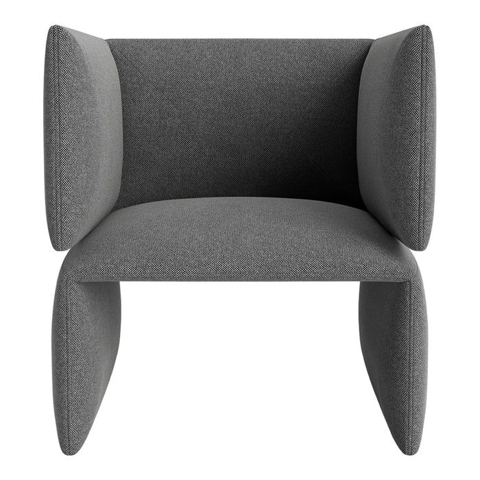Gray upholstered chair with a minimalist design featuring smooth, solid color and soft edges.