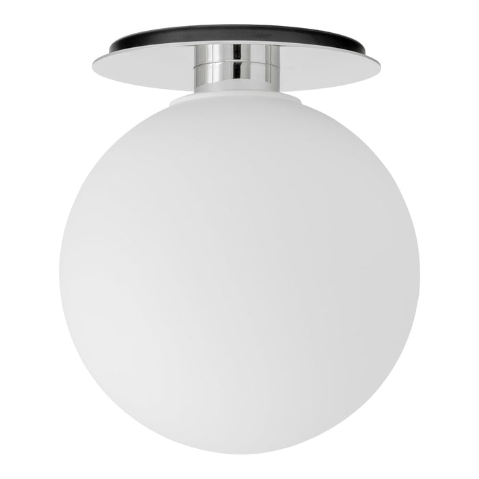 Modern round ceiling light with a white frosted globe and sleek black and chrome accents.