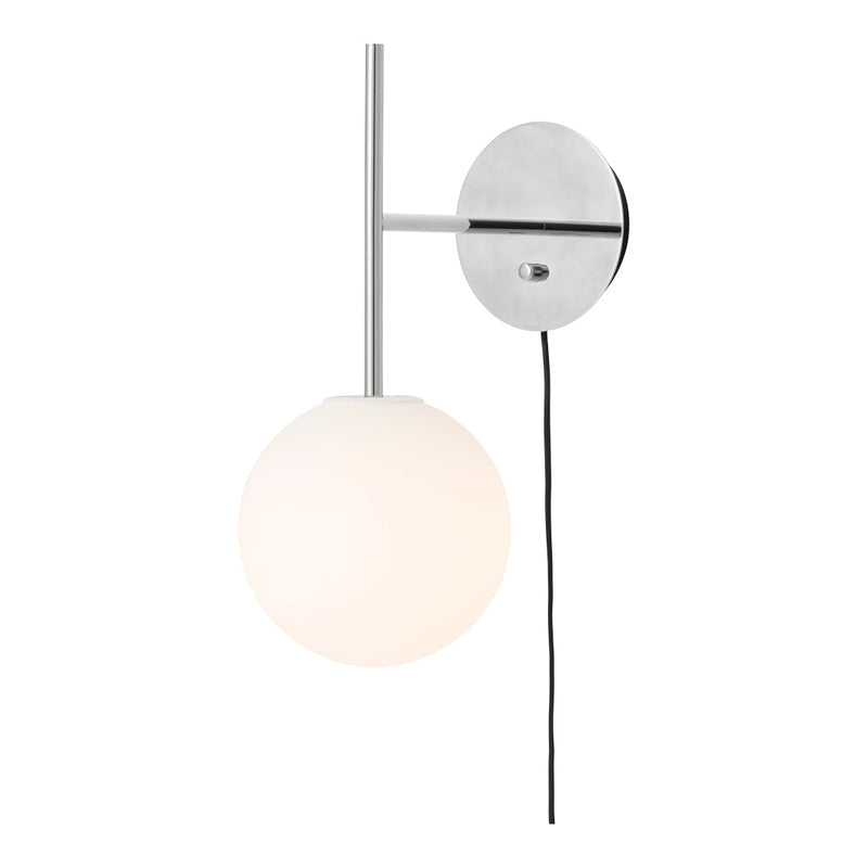 Modern pendant lamp with a chrome finish and a frosted white glass globe, featuring a sleek minimalist design.