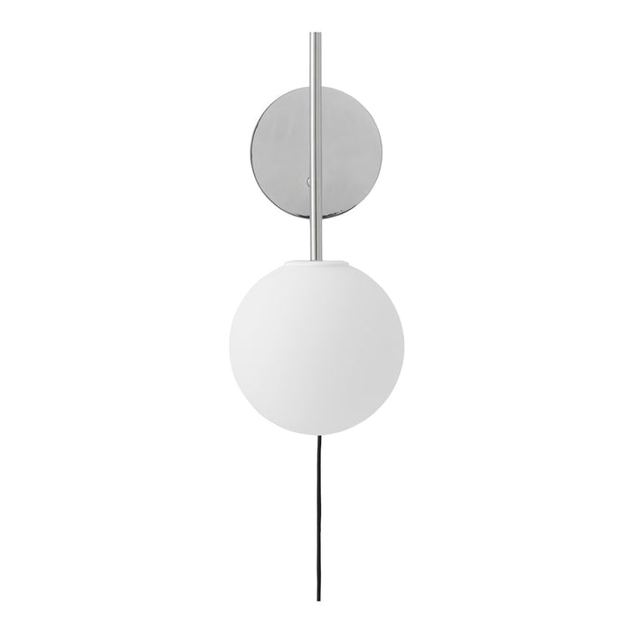 Modern wall lamp featuring a sleek chrome finish and a smooth, white glass globe. Simple, elegant design with minimal colors.