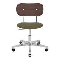 Modern office chair with a dark wood backrest and olive green seat, featuring a sleek chrome base and wheels.