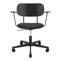 Black adjustable office chair with a patterned seat and modern design, featuring a sleek, minimalist style.