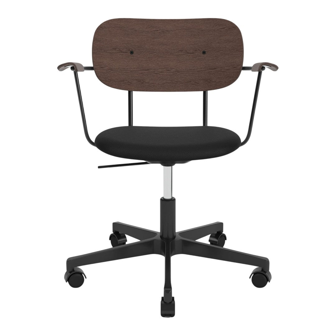 Modern office chair with a dark wood backrest, sleek black seat, and black five-star base. Perfect for stylish workspace.