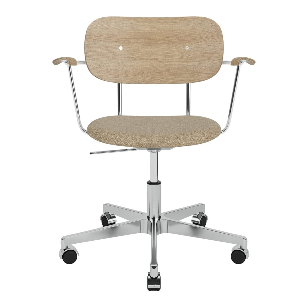 Light wood grain with a smooth finish, complemented by a sleek chrome base and sturdy black wheels.
