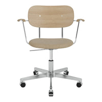 Light wood grain with a smooth finish, complemented by a sleek chrome base and sturdy black wheels.