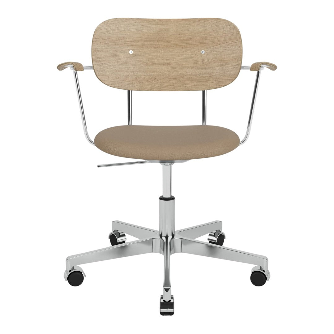 Beige wooden chair with chrome accents and a simplistic, modern design on a five-star base.