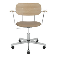 Beige wooden chair with chrome accents and a simplistic, modern design on a five-star base.