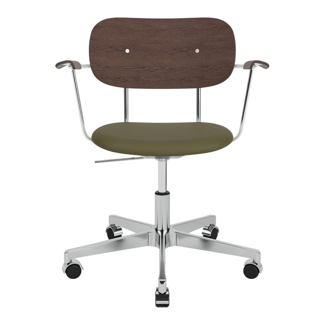 Stylish office chair featuring a dark wood back, olive green seat, and chrome base with a modern design.