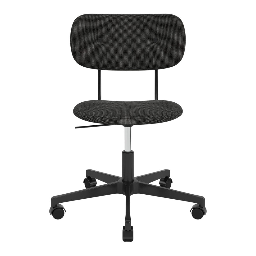 Black ergonomic office chair with a smooth fabric pattern and minimalist design. Perfect for modern workspace aesthetics.