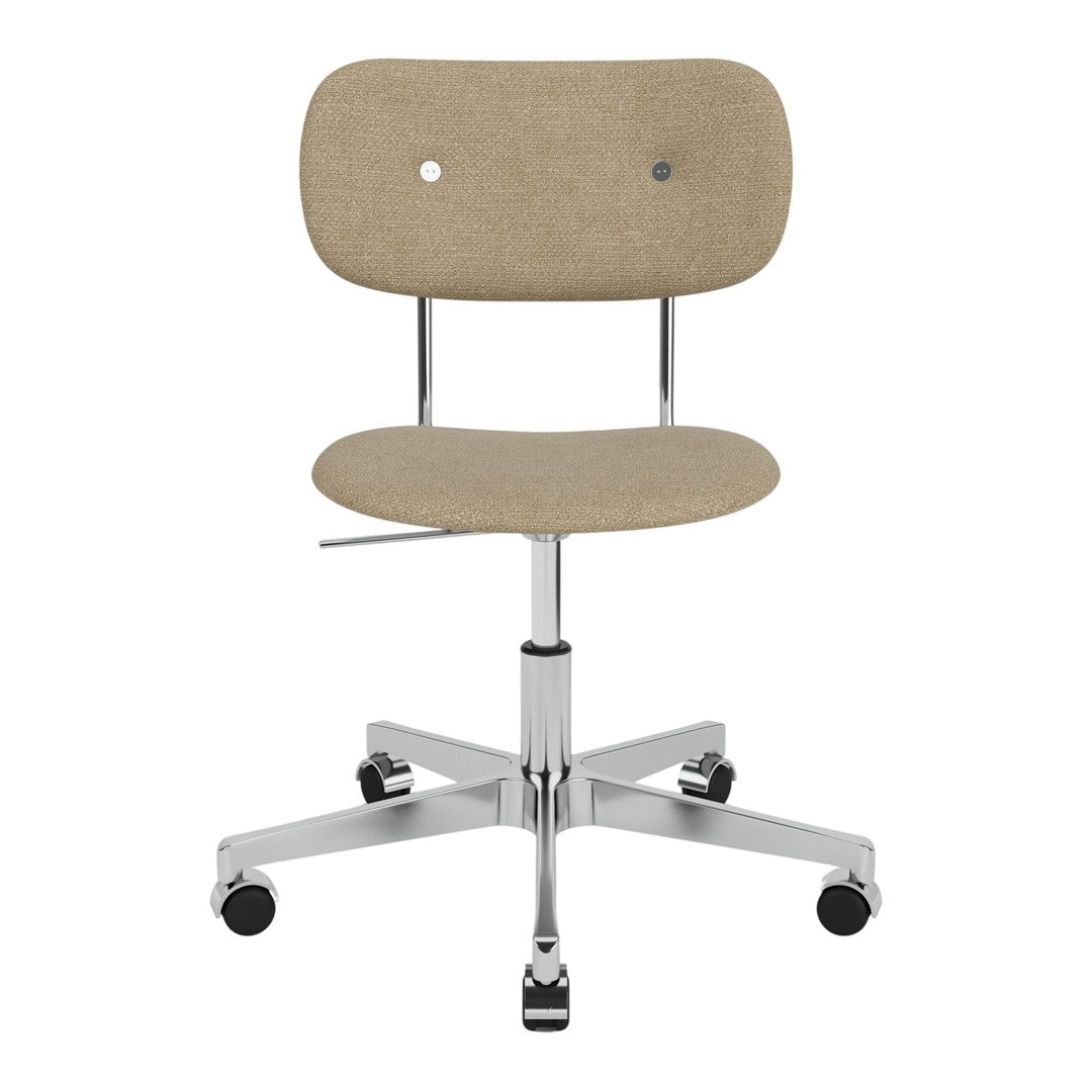 Beige upholstered office chair with a minimalist design and chrome base. Simple and modern aesthetic.
