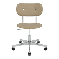 Beige upholstered office chair with a minimalist design and chrome base. Simple and modern aesthetic.