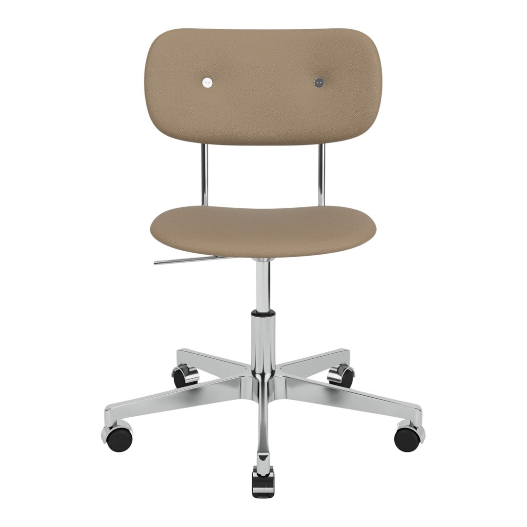 Beige office chair with a smooth finish, featuring chrome accents and a minimalist design.