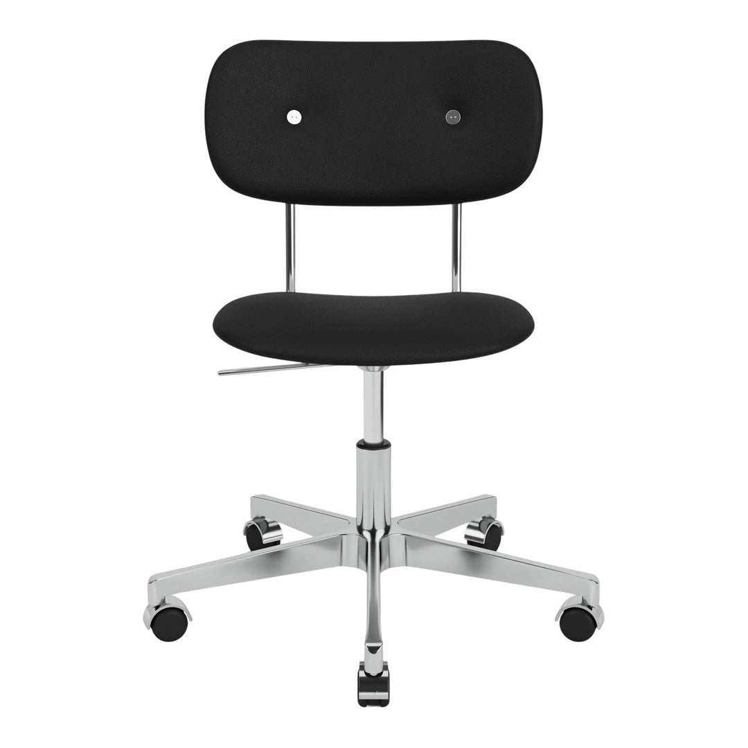 Black upholstered task chair with a sleek chrome base and minimalist design, featuring a smooth, modern aesthetic.