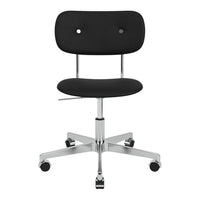 Black upholstered task chair with a sleek chrome base and minimalist design, featuring a smooth, modern aesthetic.