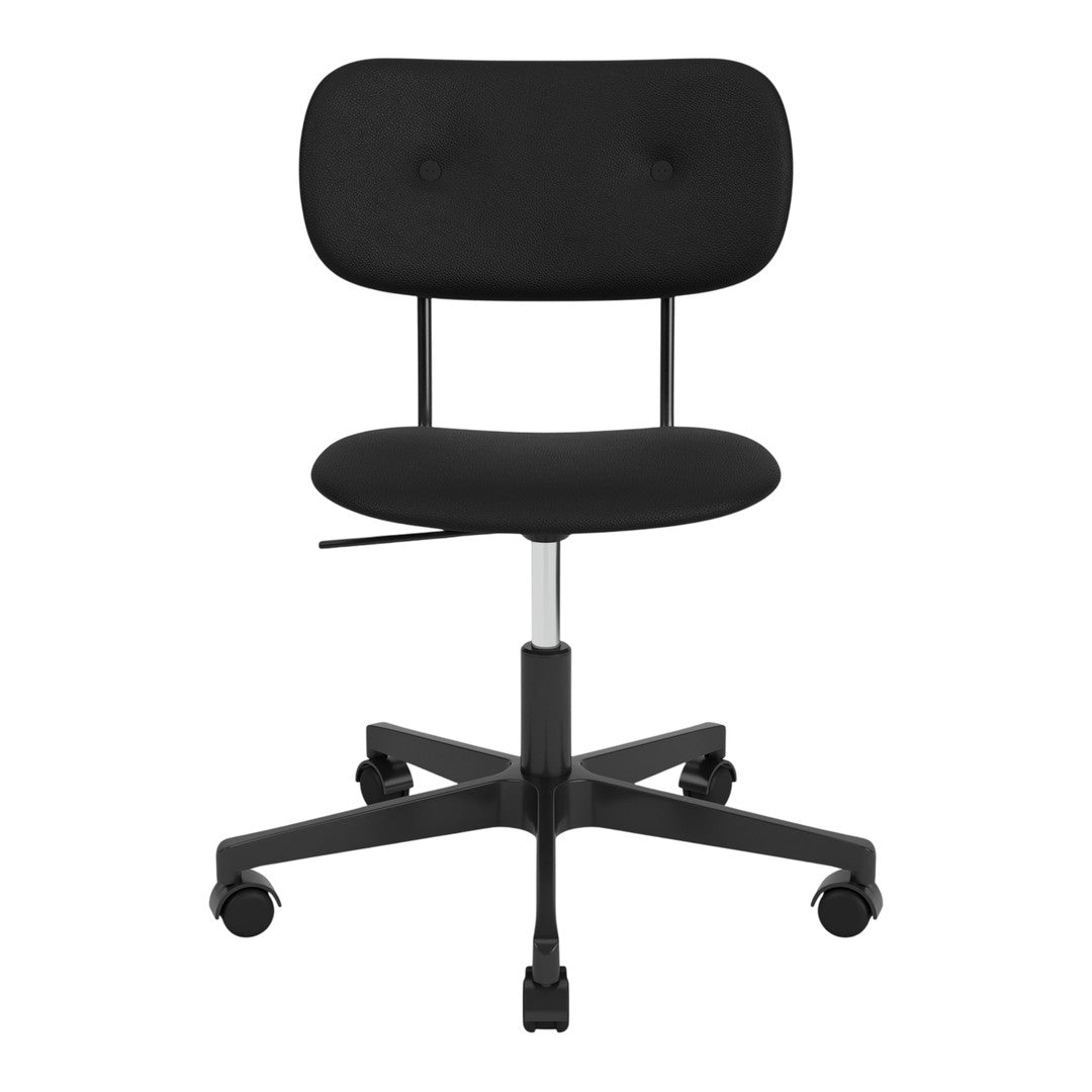 Black upholstered desk chair with a smooth finish and buttoned backrest on a sturdy base with wheels.