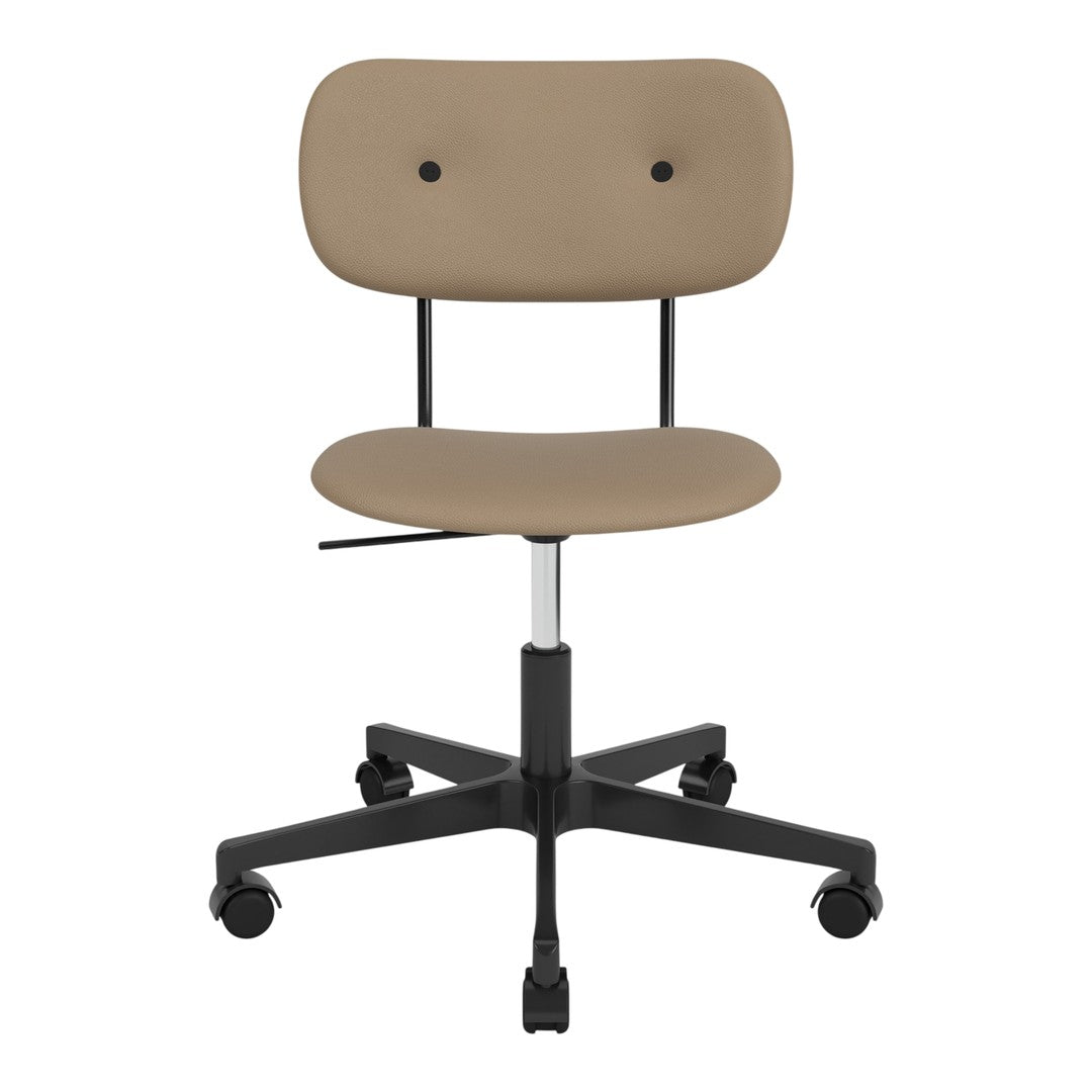 Beige upholstered office chair with a smooth, minimalist design and a sleek black base.