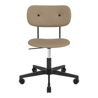 Beige upholstered office chair with a smooth, minimalist design and a sleek black base.