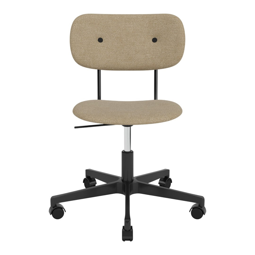 Beige upholstered office chair with a minimalist design and black metal base and wheels. Simple, modern style.