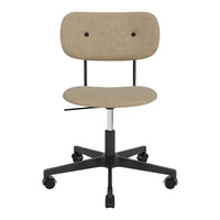 Beige upholstered office chair with a minimalist design and black metal base and wheels. Simple, modern style.
