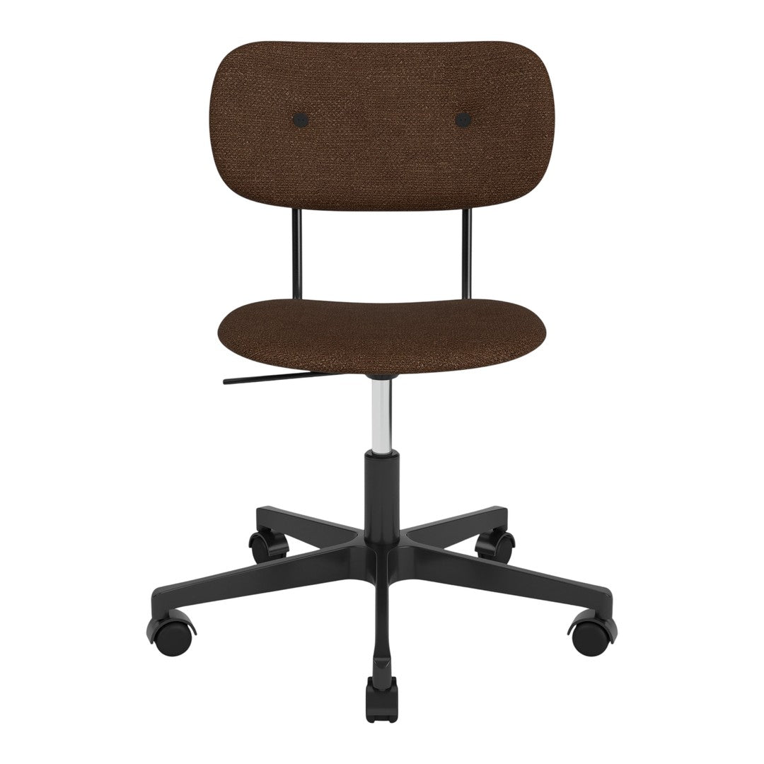 Brown fabric office chair with a smooth, minimalist design and black metal base. Perfect for modern workspaces.