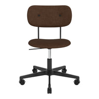 Brown fabric office chair with a smooth, minimalist design and black metal base. Perfect for modern workspaces.