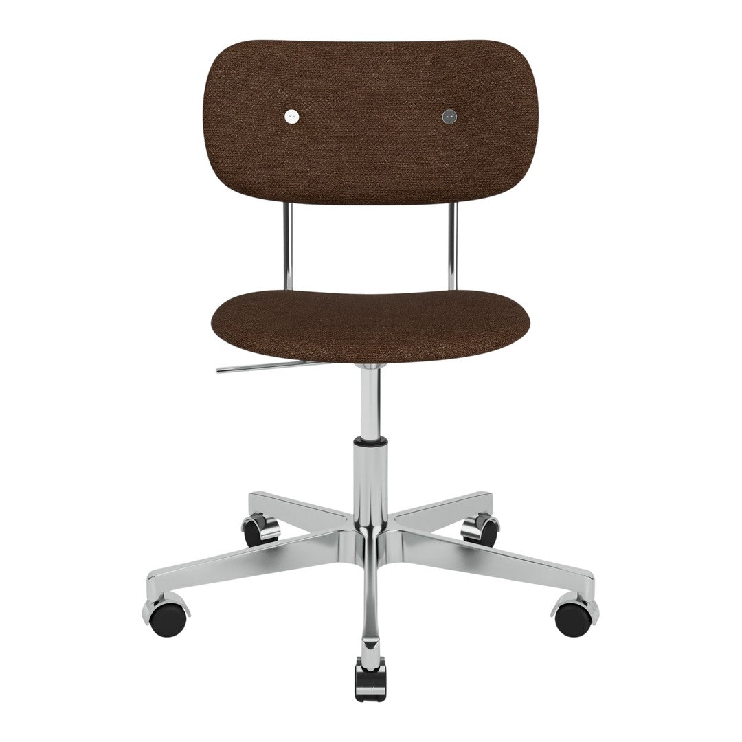 Brown upholstered office chair with a minimalist design and chrome base. Simple, modern style for any workspace.