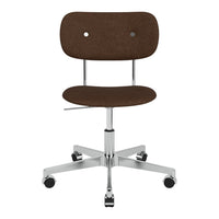 Brown upholstered office chair with a minimalist design and chrome base. Simple, modern style for any workspace.