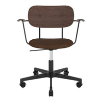 Brown upholstered office chair with a sleek black metal frame and five-star base, featuring minimalist design elements.