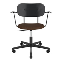 Black ergonomic chair with a sleek design and a textured brown seat for a modern touch. Ideal for any workspace.