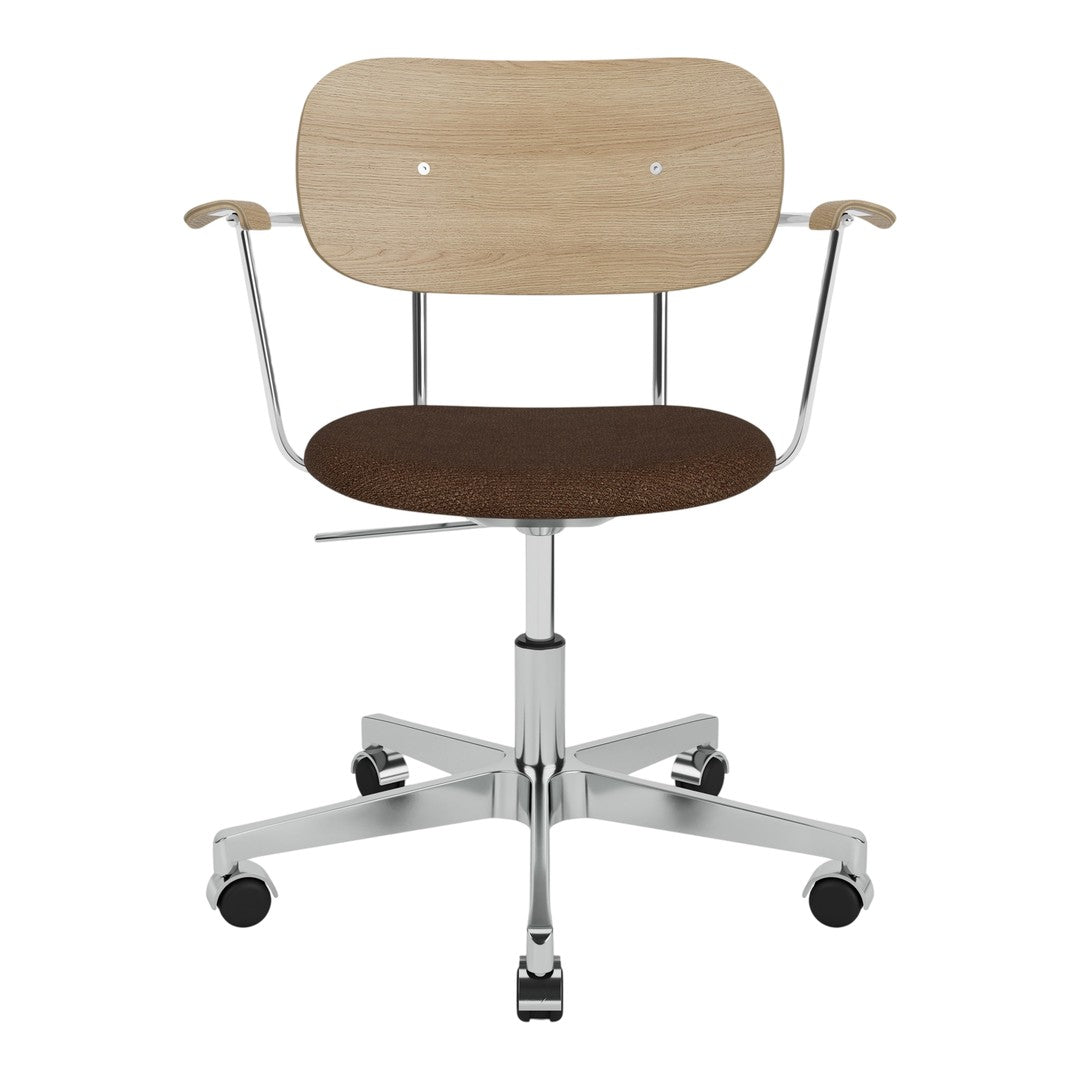 Wooden backrest, brown fabric seat, chrome base, minimalist design with rolling wheels, suitable for modern decor.
