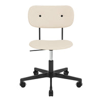 Beige fabric office chair with a minimalist design and black metal base, featuring a smooth, modern silhouette.