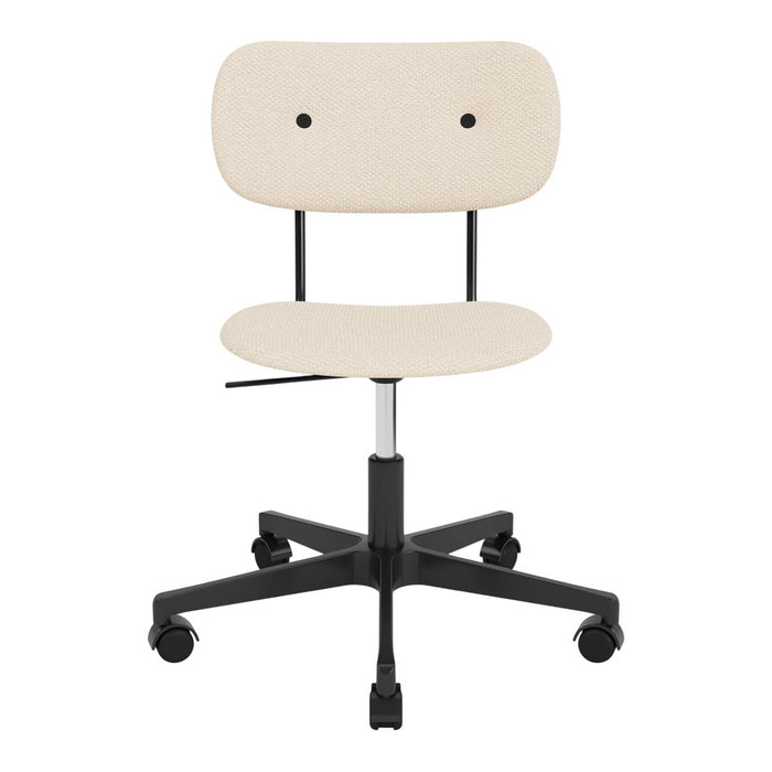 Beige fabric office chair with a minimalist design and black metal base, featuring a smooth, modern silhouette.