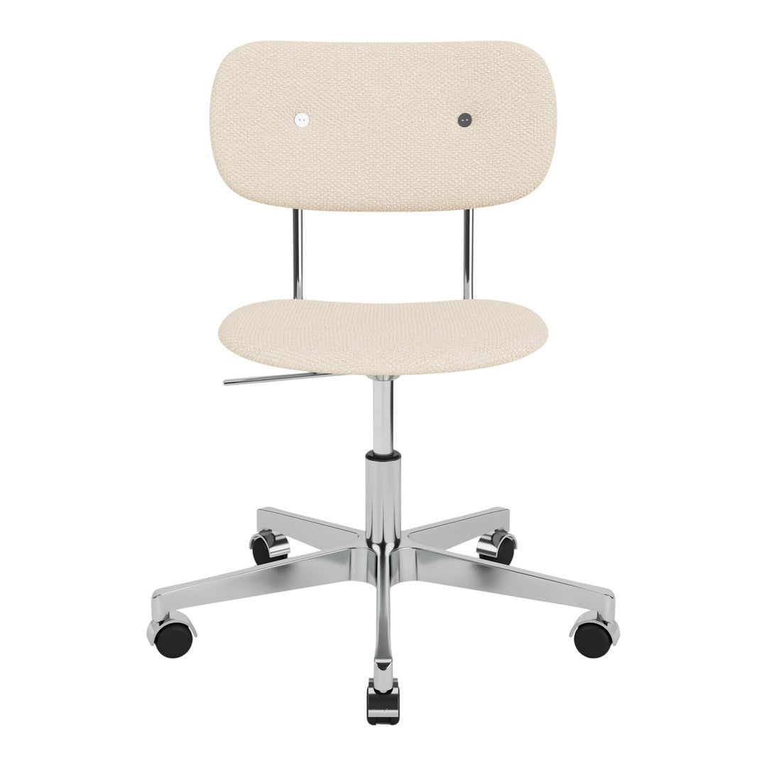 Beige ergonomic chair with a smooth, minimalist design and chrome accents, perfect for modern workspaces.