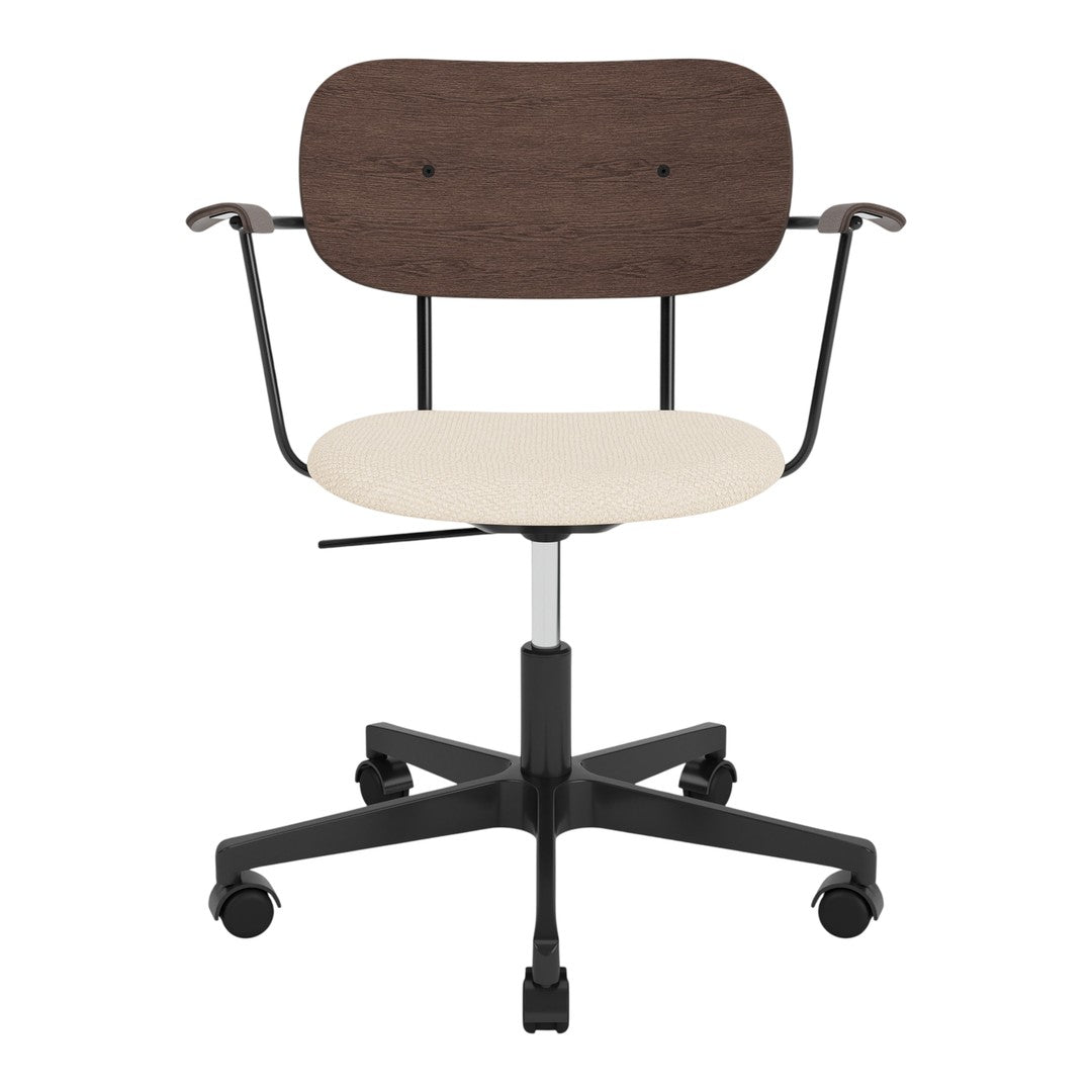 Modern office chair with a dark wood back, cream seat, and black metal frame featuring a sleek design.