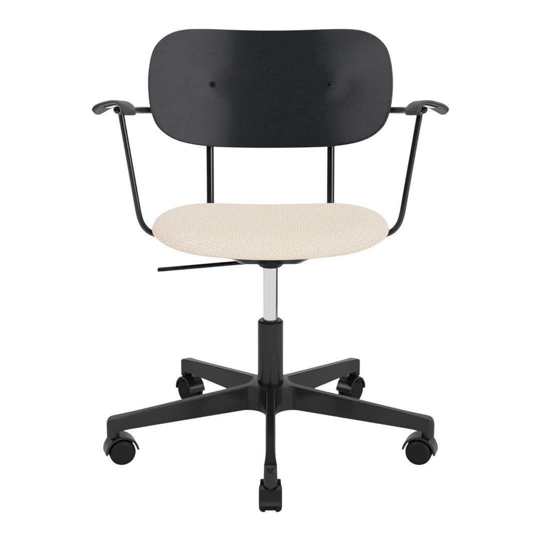 Black and beige office chair with a modern design and a smooth finish, featuring a minimalist aesthetic and rolling wheels.