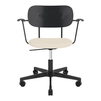 Black and beige office chair with a modern design and a smooth finish, featuring a minimalist aesthetic and rolling wheels.